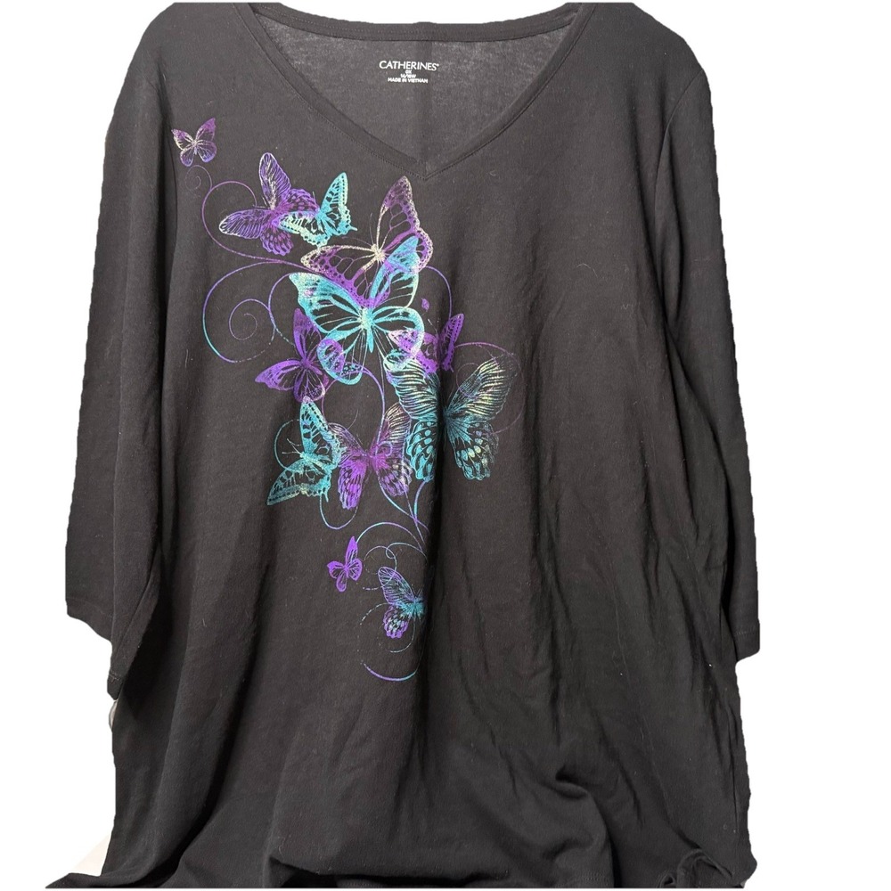 Catherine's NWT Black with Glitter Butterflies‎ 100% Cotton 3/4 Sleeve Shirt 0X
